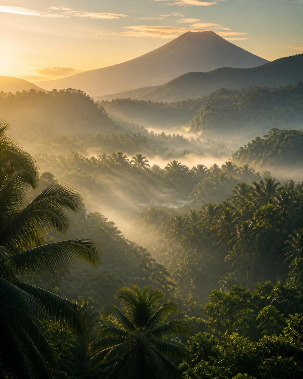 Údolí ve vnitrozemí Bali v ranním světle