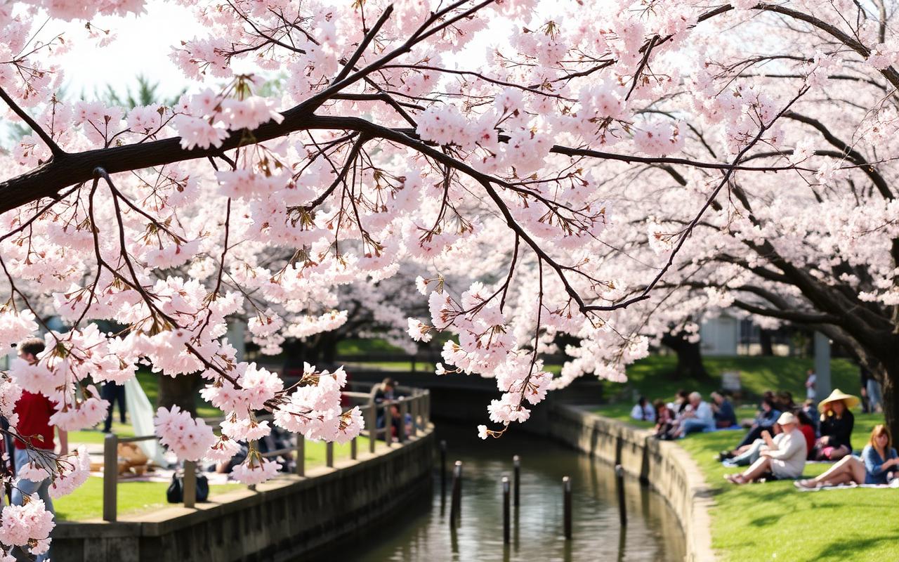 Kvetoucí sakura nad kanálem